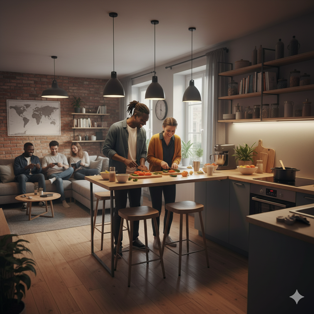 Salon moderne appartement colocation étudiants internationaux