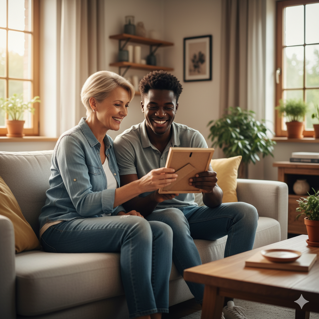Famille européenne accueillante avec étudiant africain salon familial