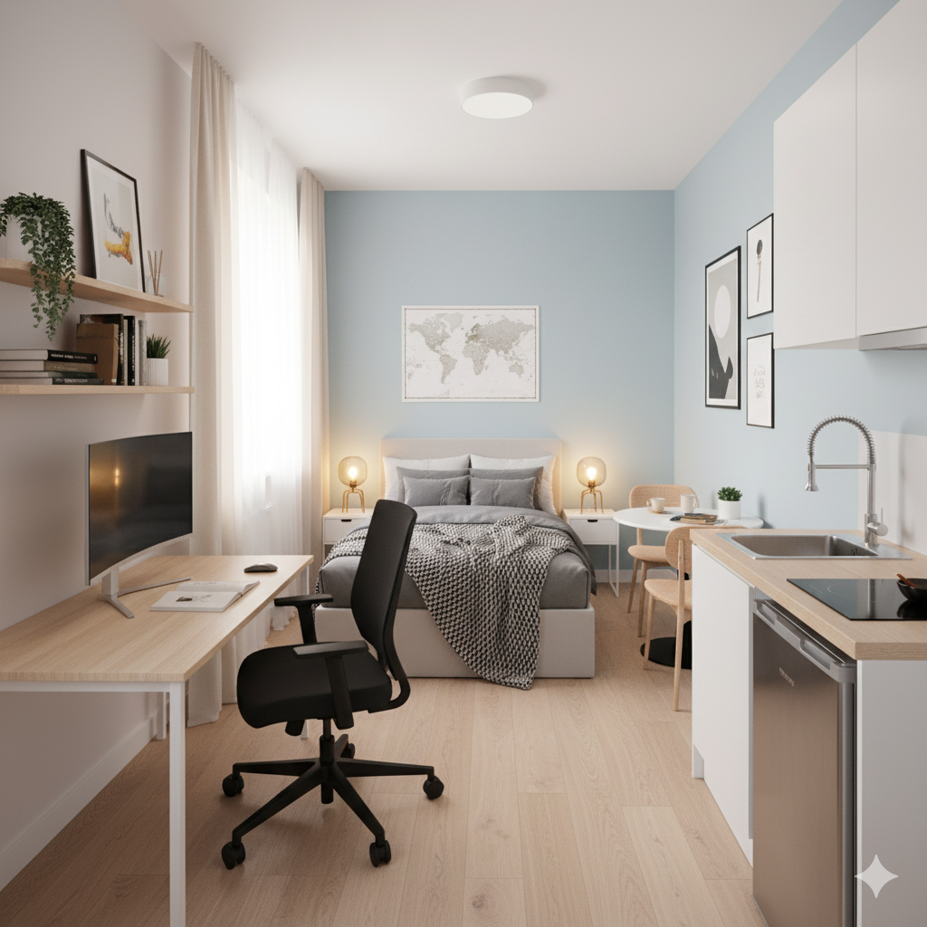 Studio étudiant moderne équipé coin cuisine bureau