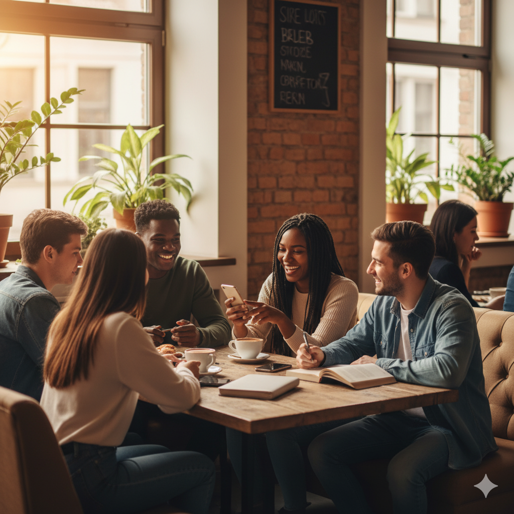 Groupe multiculturel étudiants café européen moderne