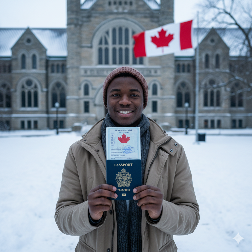 Étudiant africain avec visa Canada devant université Toronto