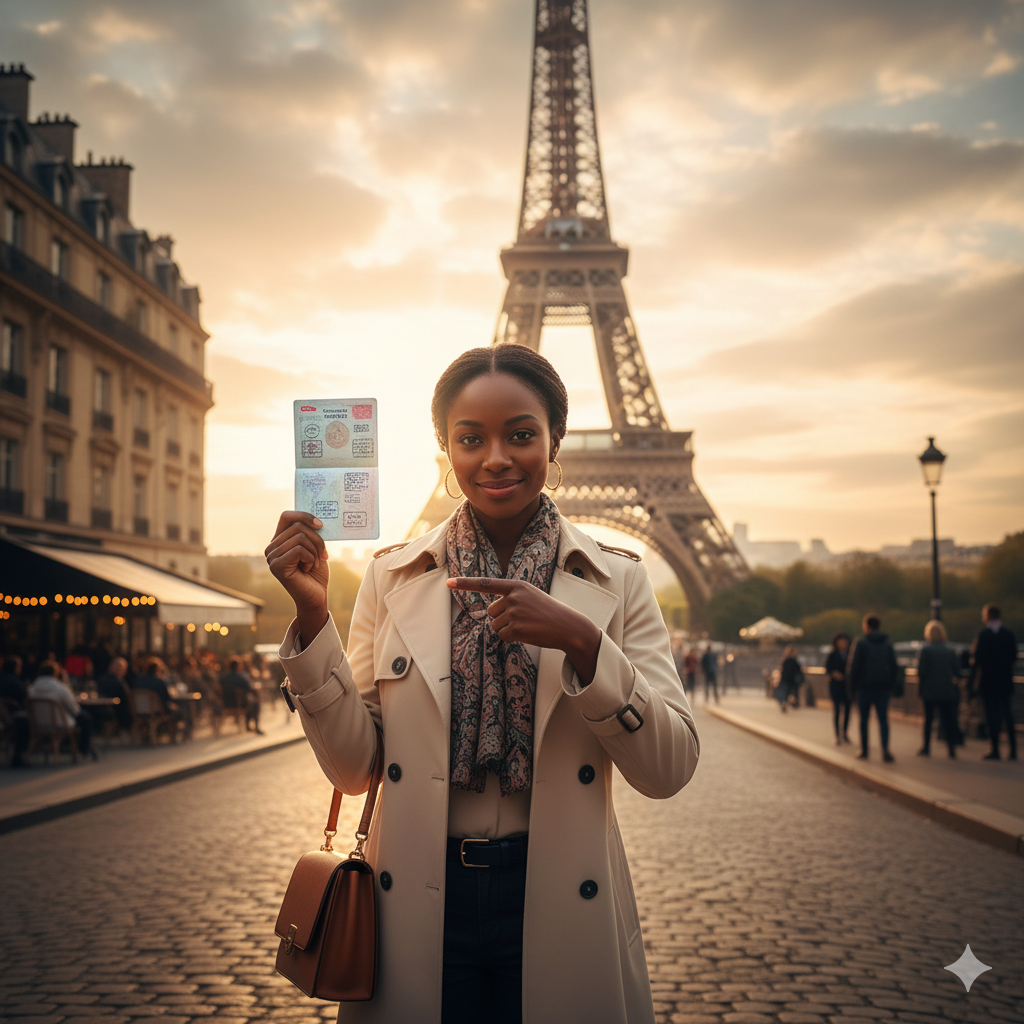 Touriste africaine devant Tour Eiffel avec visa Schengen