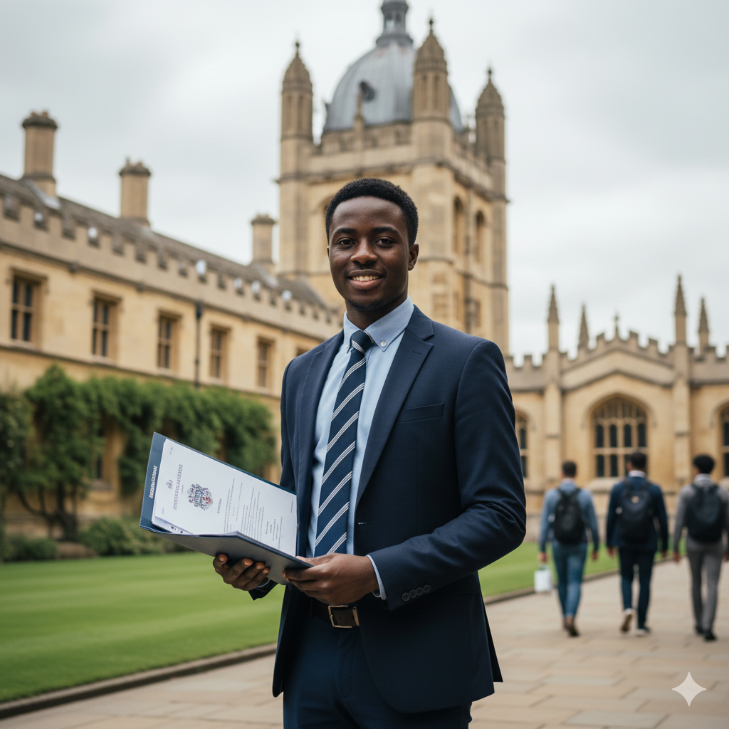 Étudiant africain devant Université Oxford