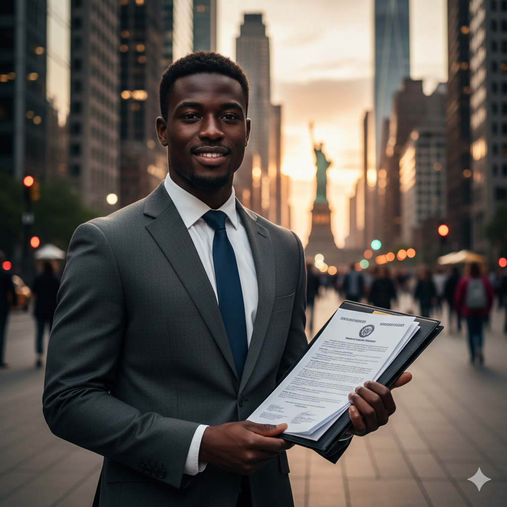 Professionnel africain devant gratte-ciels Manhattan