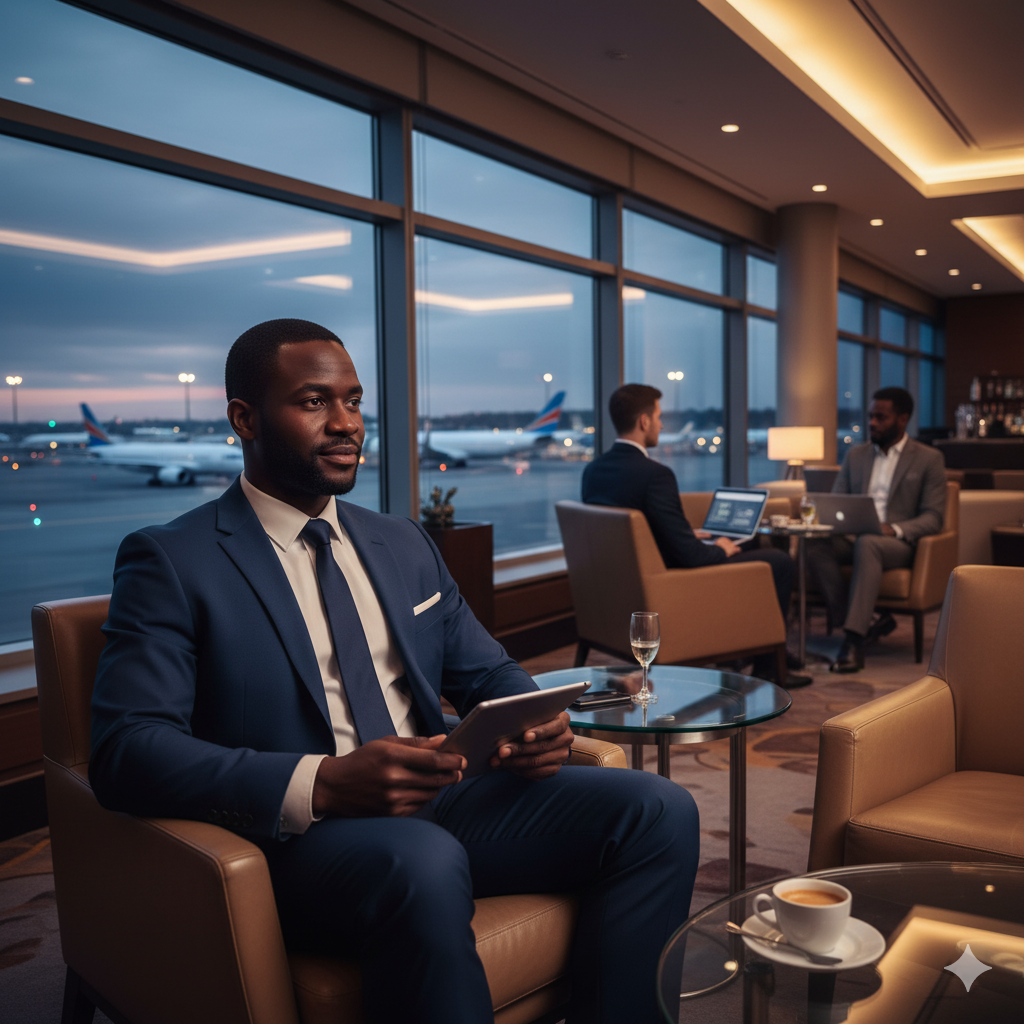 Homme affaires africain salon VIP aéroport international