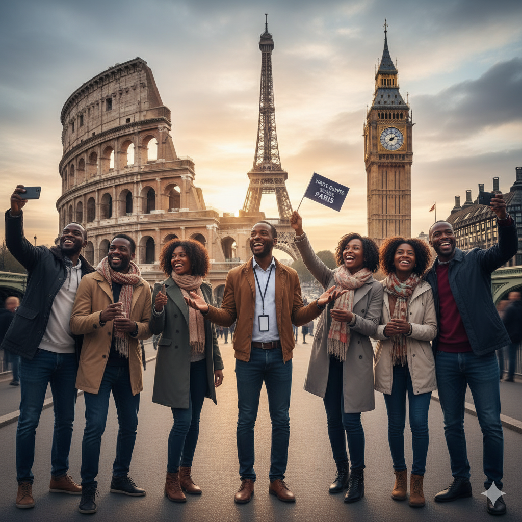 Groupe touristes africains devant monuments européens